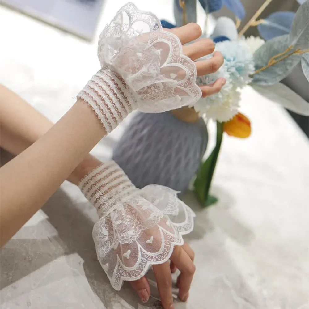 Women's White Detachable Floral Cuff Short Hand Sleeve Fingerless Ruffled Gloves